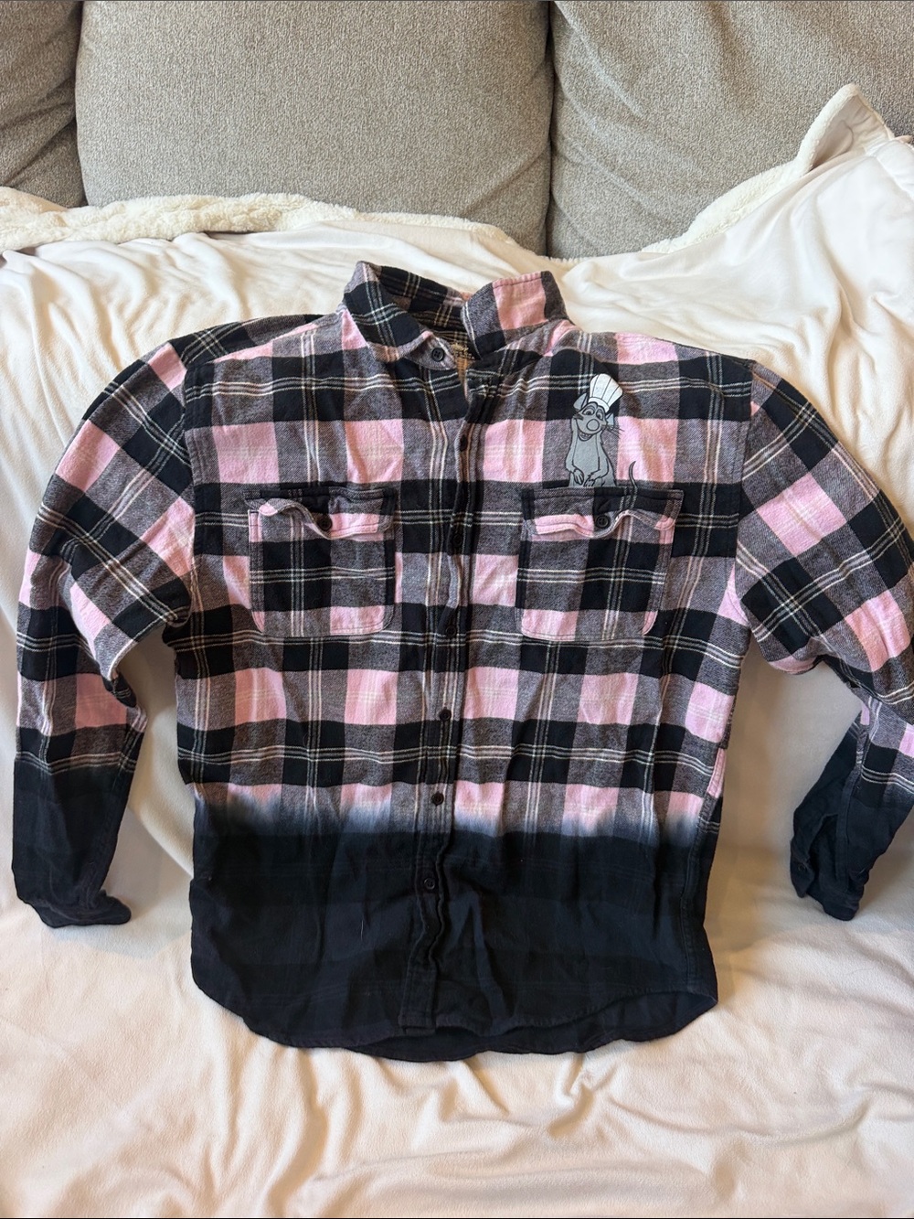 Disney Pink and Black Plaid Button-Down Shirt with Dip-Dye Hem